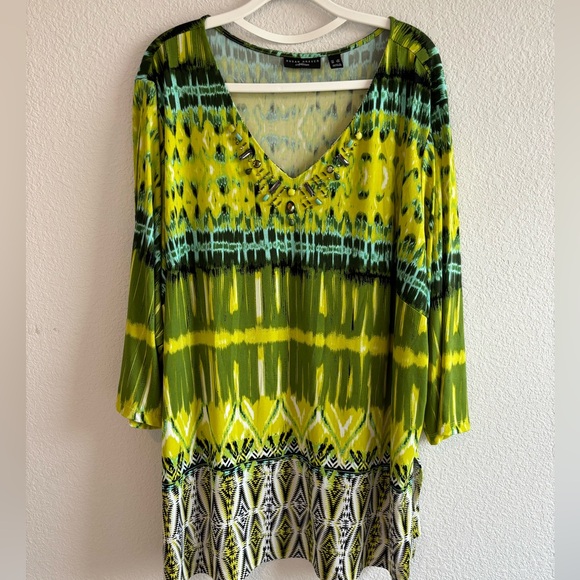Susan Graver Artisan Beaded 3/4 sleeve Green Tunic Top Blouse with Pattern 3X - Picture 1 of 6
